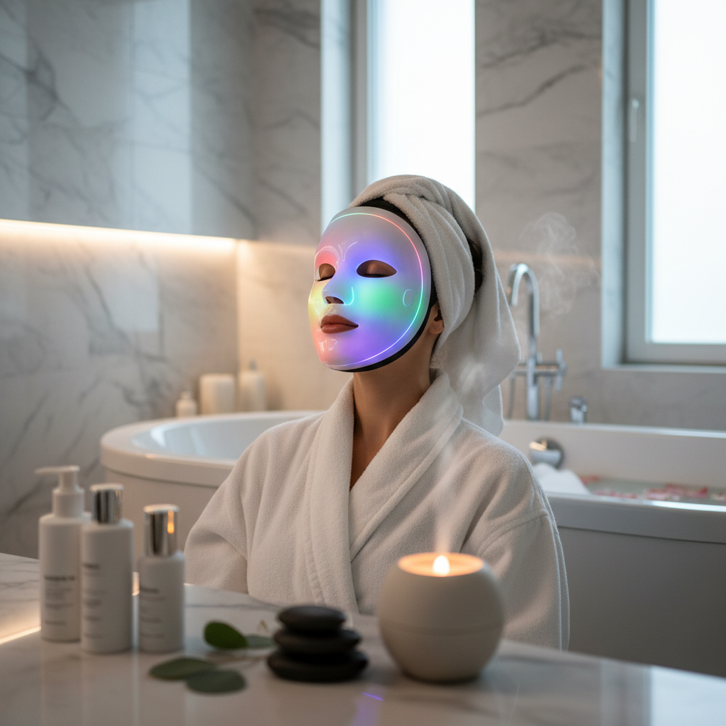 Woman using LED light therapy face mask in spa setting